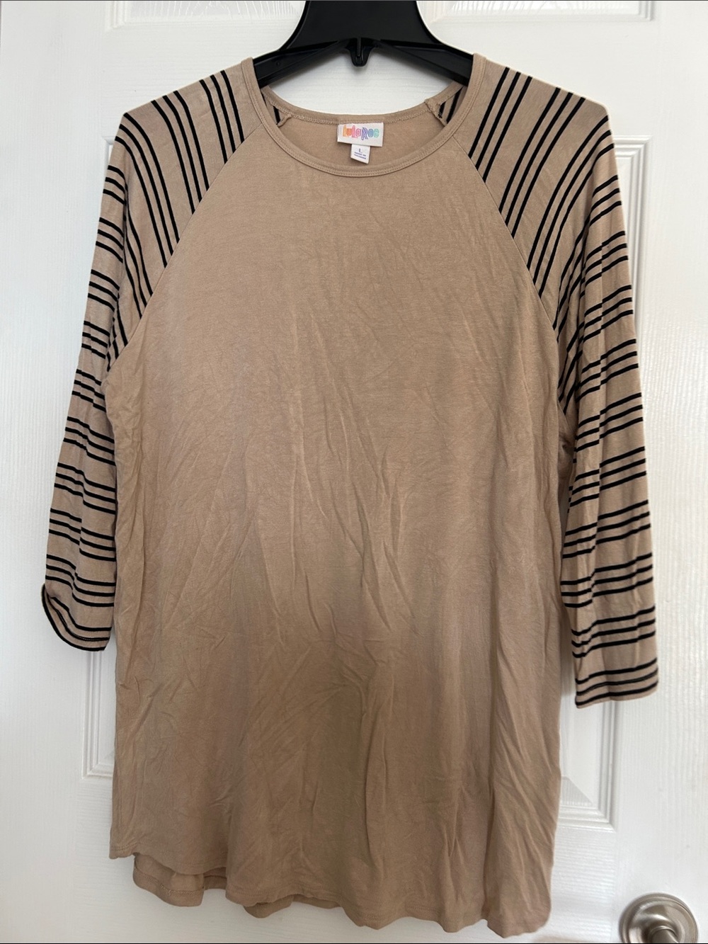 LuLaRoe women Tan Raglan with Black Striped Sleeves